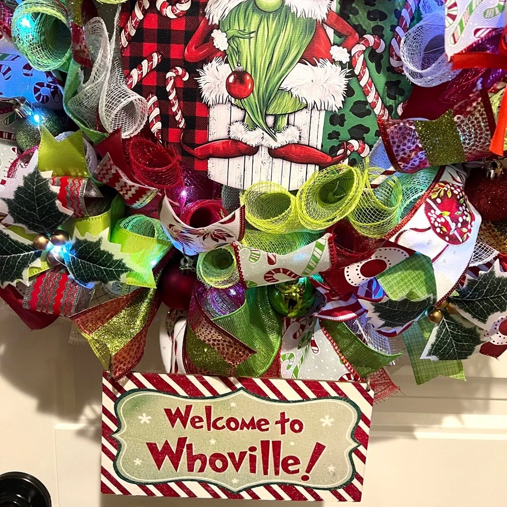 Handmade Christmas Gnome Holiday Ribbon LED Door Wreath 22” W69